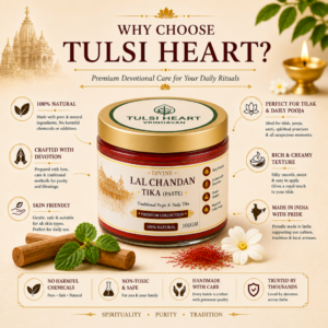 At Tulsi Heart Vrindavan, every product is created with deep respect for India's spiritual traditions. Our Lal Chandan Tilak Paste is carefully prepared using premium ingredients to deliver a smooth, rich, and authentic tilak experience. We believe that every prayer deserves purity, devotion, and the finest quality. Whether for your daily pooja, temple visits, meditation, or special festivals, our tilak paste is designed to become a meaningful part of your spiritual journey.