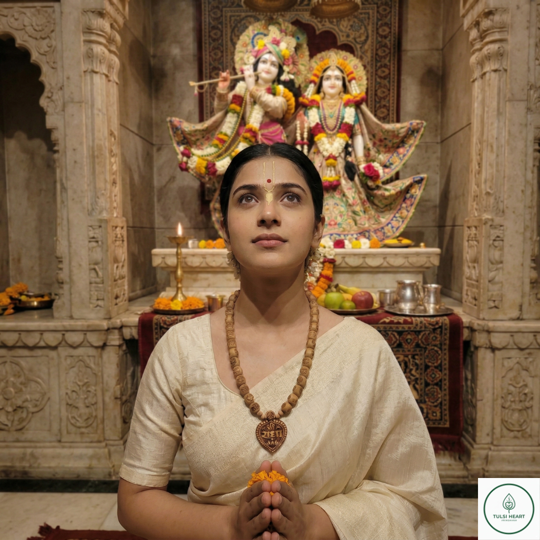 Premium Original Tulsi Kanthi Mala with Hand-Carved "Shri Radha" Heart Pendant