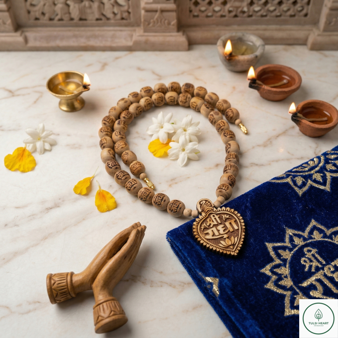 Premium Original Tulsi Kanthi Mala with Hand-Carved "Shri Radha" Heart Pendant