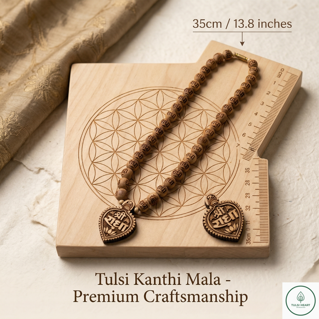 Premium Original Tulsi Kanthi Mala with Hand-Carved "Shri Radha" Heart Pendant