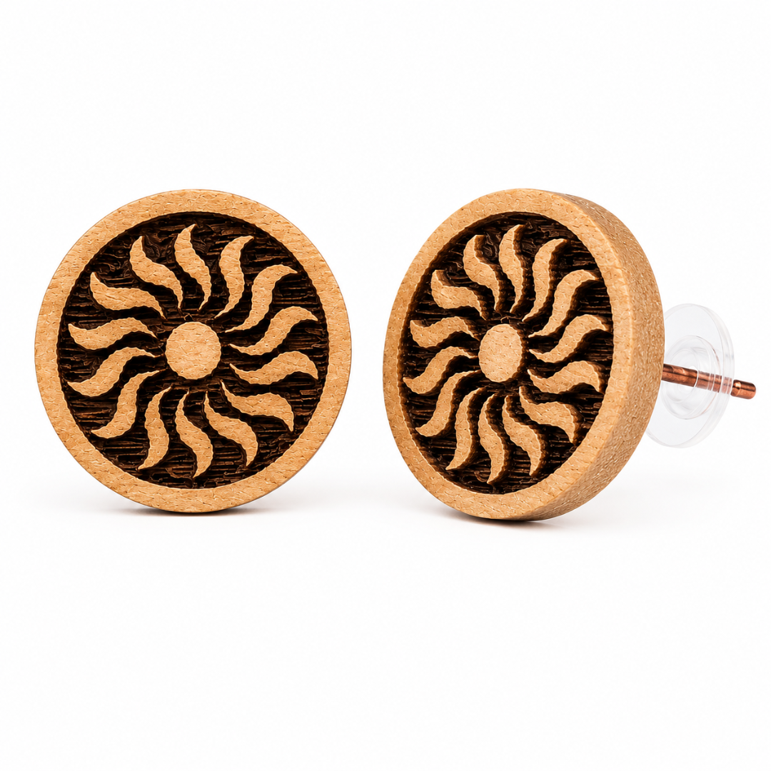 Tulsi Wood Sun Design Stud Earrings | Handcrafted Natural Wooden Earrings with Copper Pin