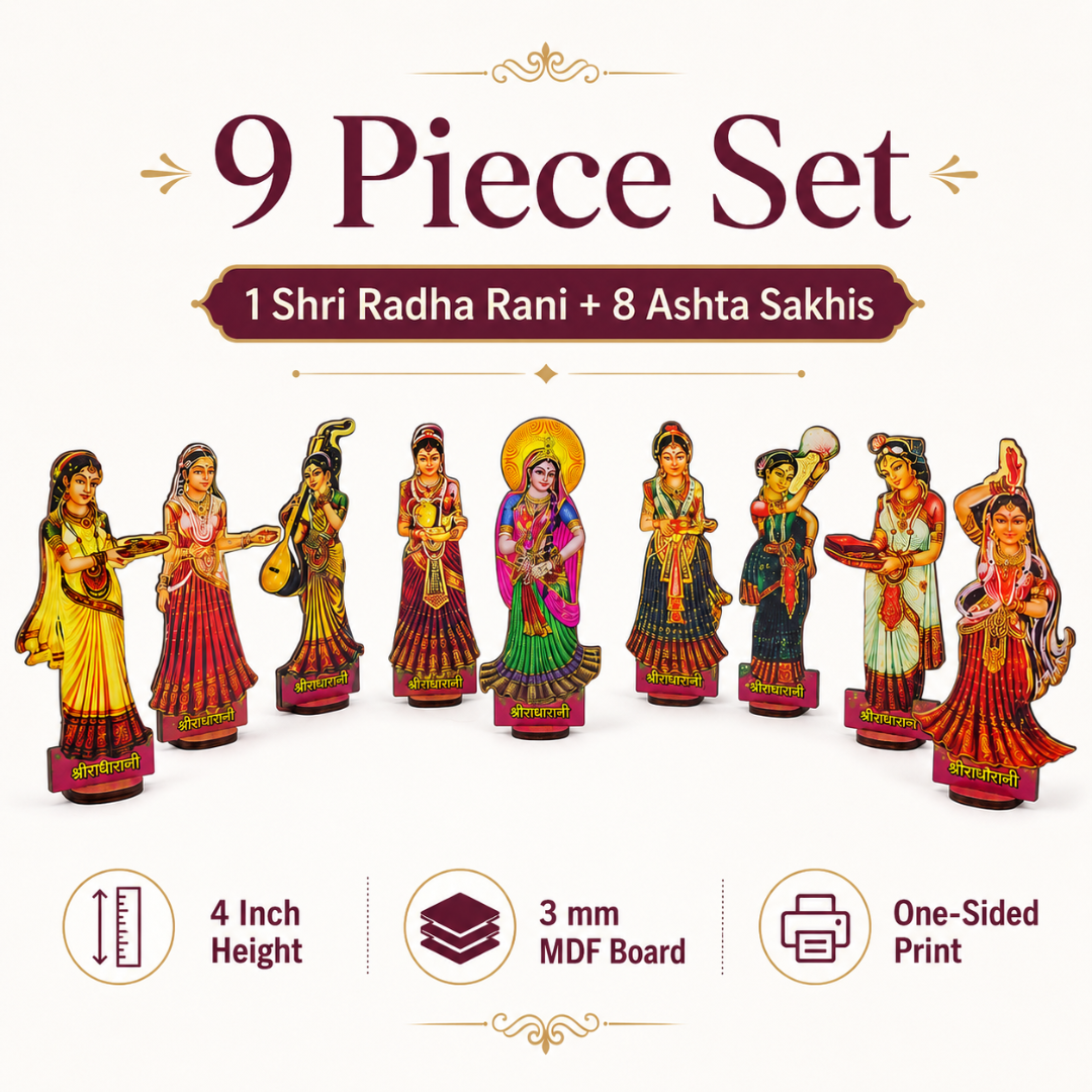 Shri Radha Rani Ashta Sakhi MDF Stand Set – 9 Piece, 4 Inch | Mandir & Pooja Decor