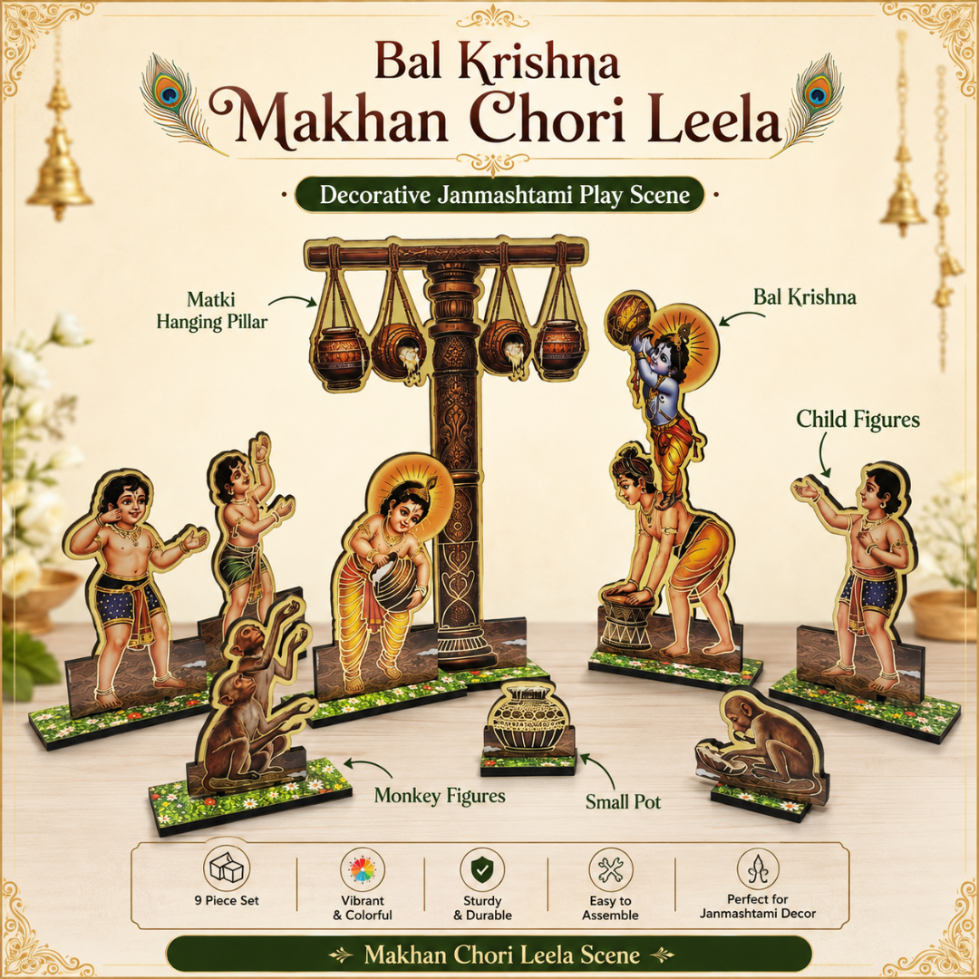 Bal Krishna Makhan Chori Leela MDF Chitrapat Set – 9 Piece | Janmashtami & Mandir Decor