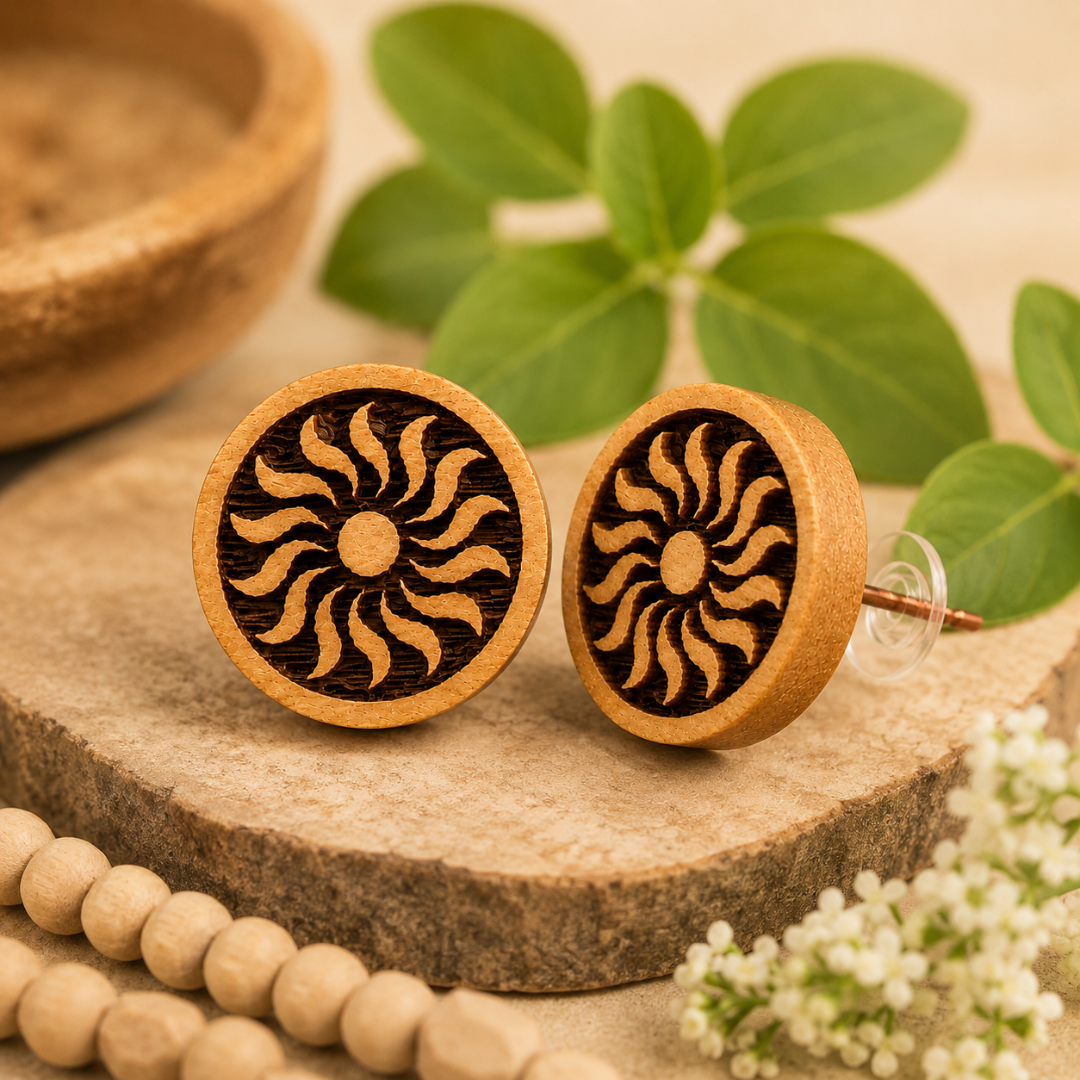 Tulsi Wood Sun Design Stud Earrings | Handcrafted Natural Wooden Earrings with Copper Pin