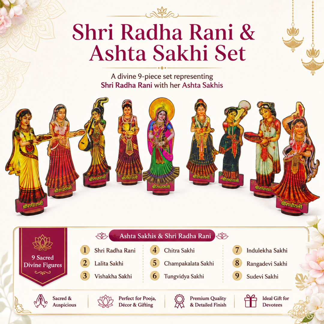 Shri Radha Rani Ashta Sakhi MDF Stand Set – 9 Piece, 4 Inch | Mandir & Pooja Decor