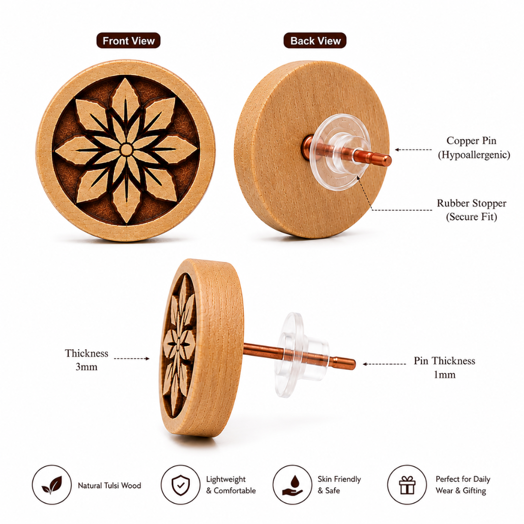Tulsi Wood Floral Stud Earrings | Natural Handcrafted Wooden Earrings with Copper Pin