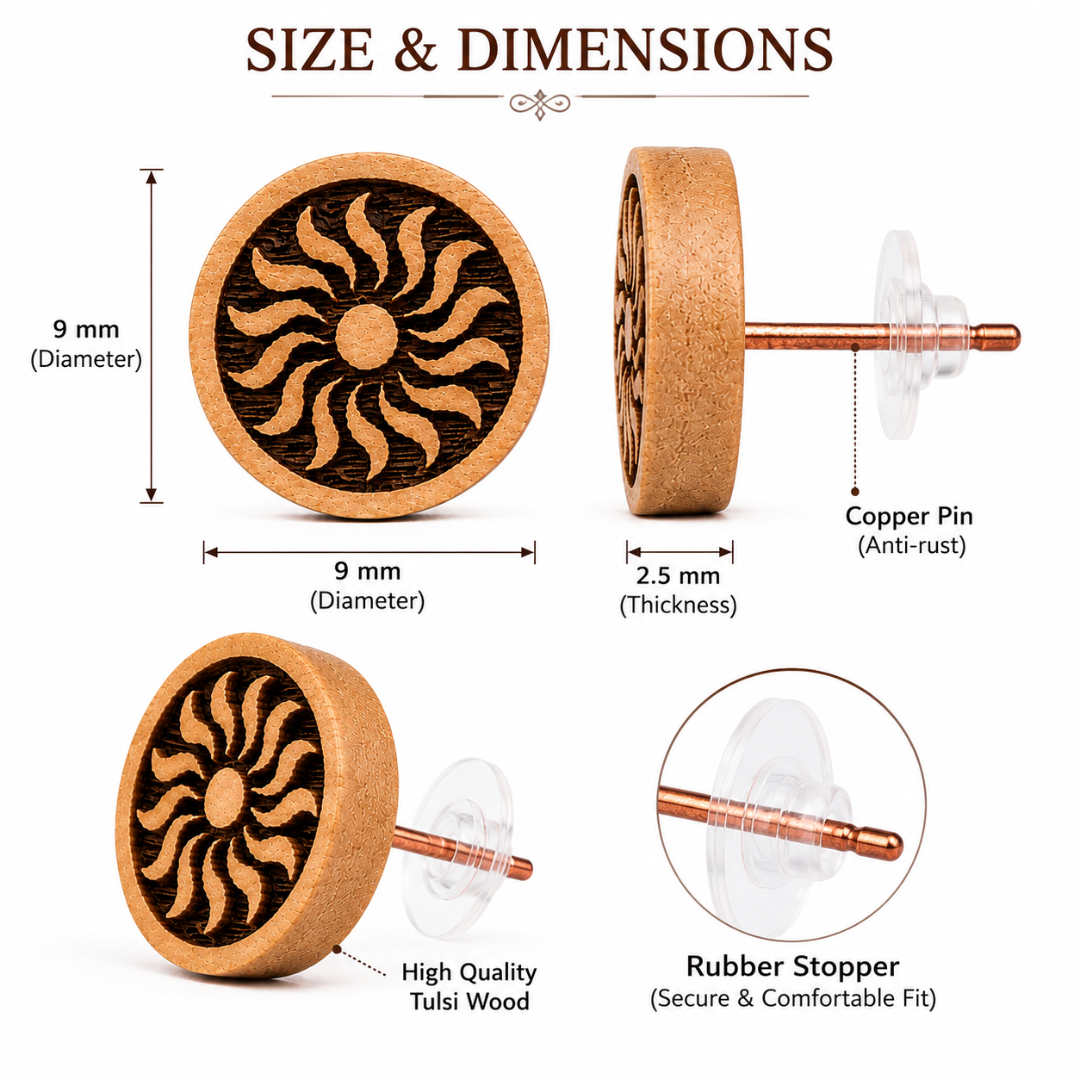 Tulsi Wood Sun Design Stud Earrings | Handcrafted Natural Wooden Earrings with Copper Pin