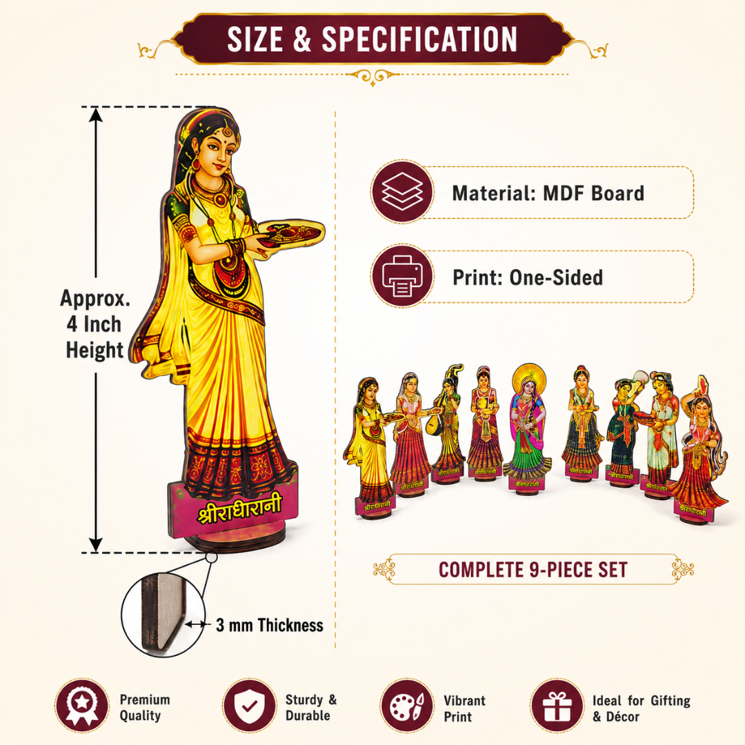 Shri Radha Rani Ashta Sakhi MDF Stand Set – 9 Piece, 4 Inch | Mandir & Pooja Decor