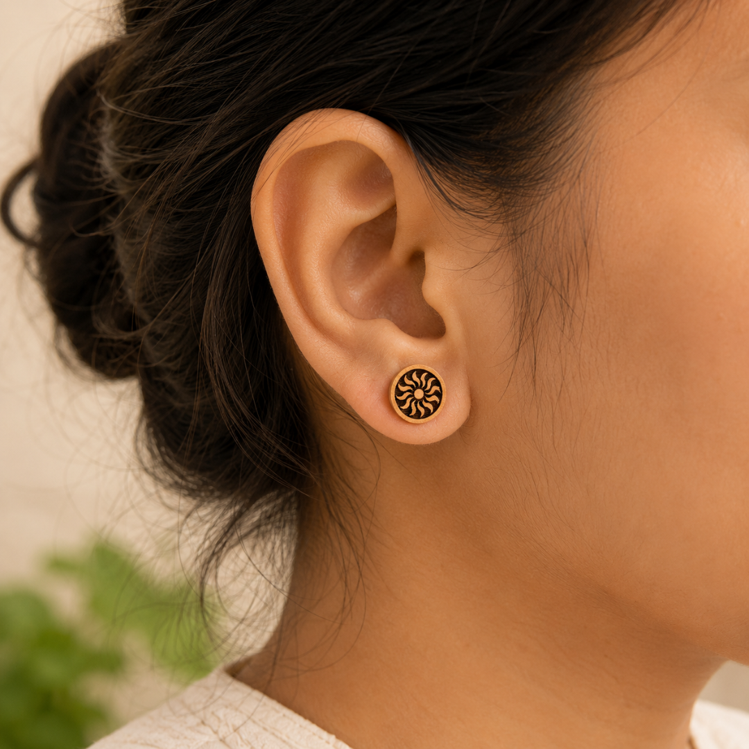 Tulsi Wood Sun Design Stud Earrings | Handcrafted Natural Wooden Earrings with Copper Pin