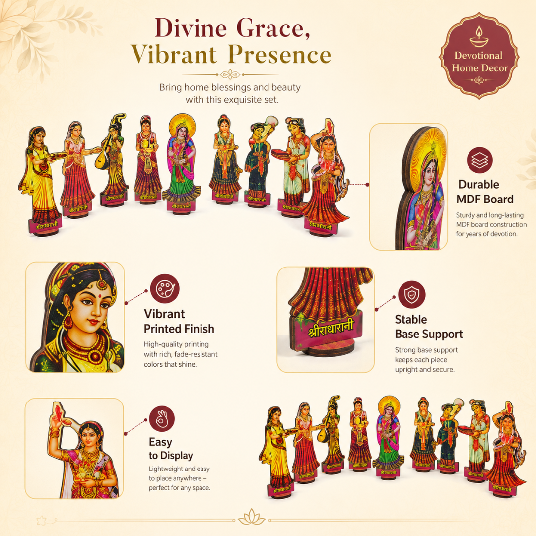 Shri Radha Rani Ashta Sakhi MDF Stand Set – 9 Piece, 4 Inch | Mandir & Pooja Decor