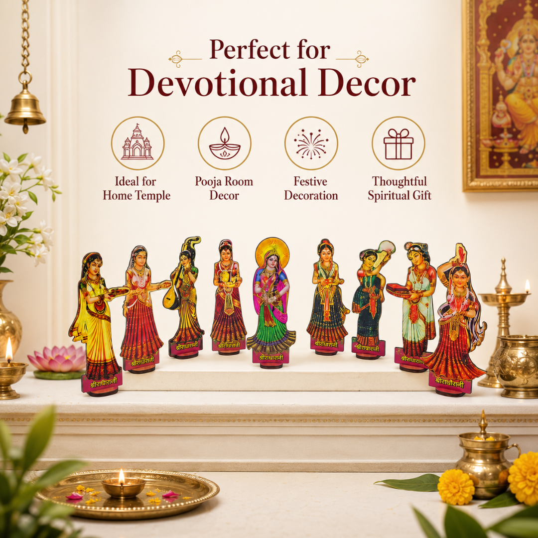 Shri Radha Rani Ashta Sakhi MDF Stand Set – 9 Piece, 4 Inch | Mandir & Pooja Decor