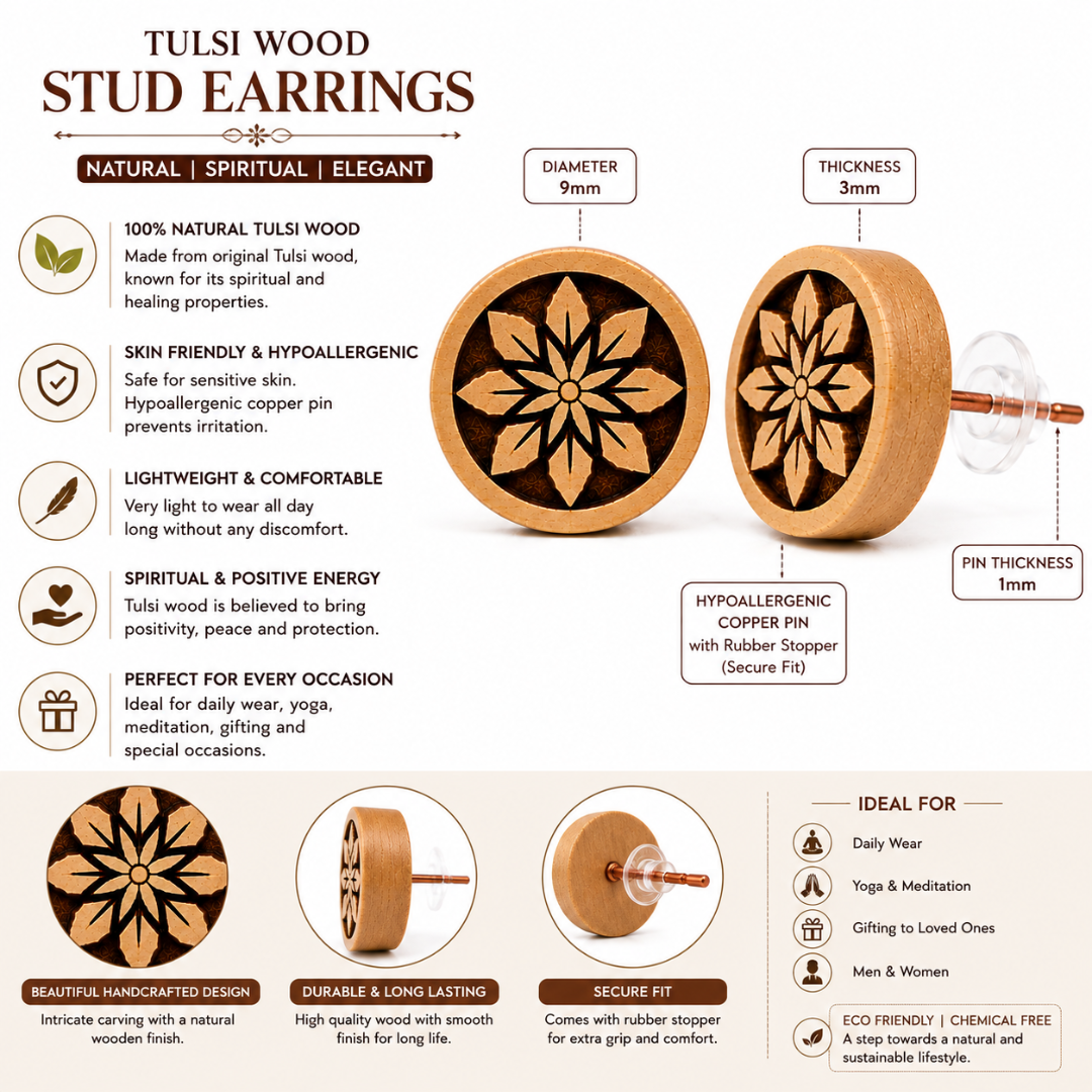 Tulsi Wood Floral Stud Earrings | Natural Handcrafted Wooden Earrings with Copper Pin
