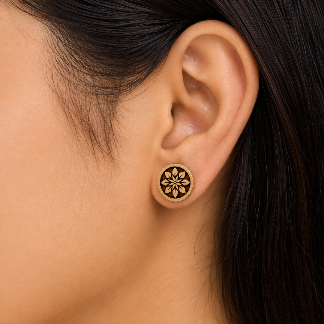 Tulsi Wood Floral Stud Earrings | Natural Handcrafted Wooden Earrings with Copper Pin